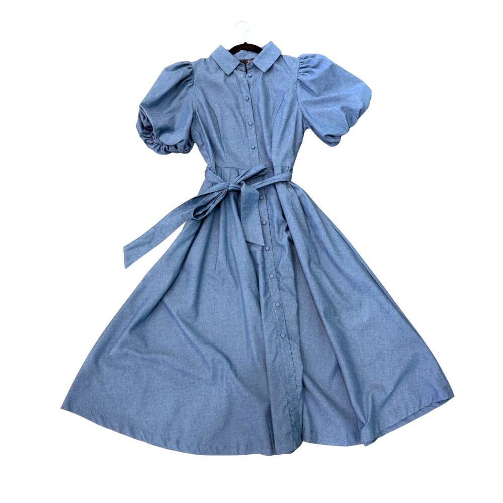 Puff Sleeve Denim Midi Dress
